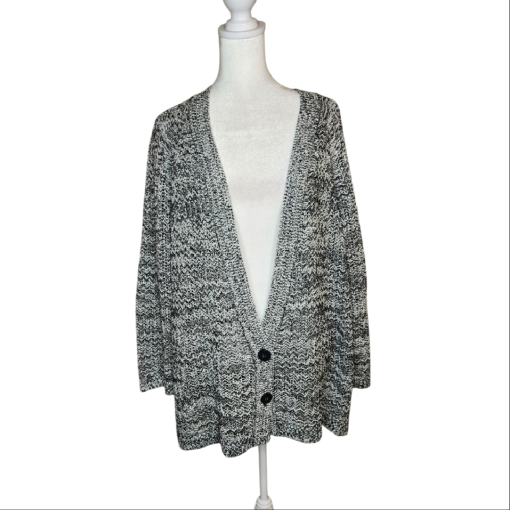 NEW J Jill Black and White Open Knit Cardigan V Neck Sweater Size XL